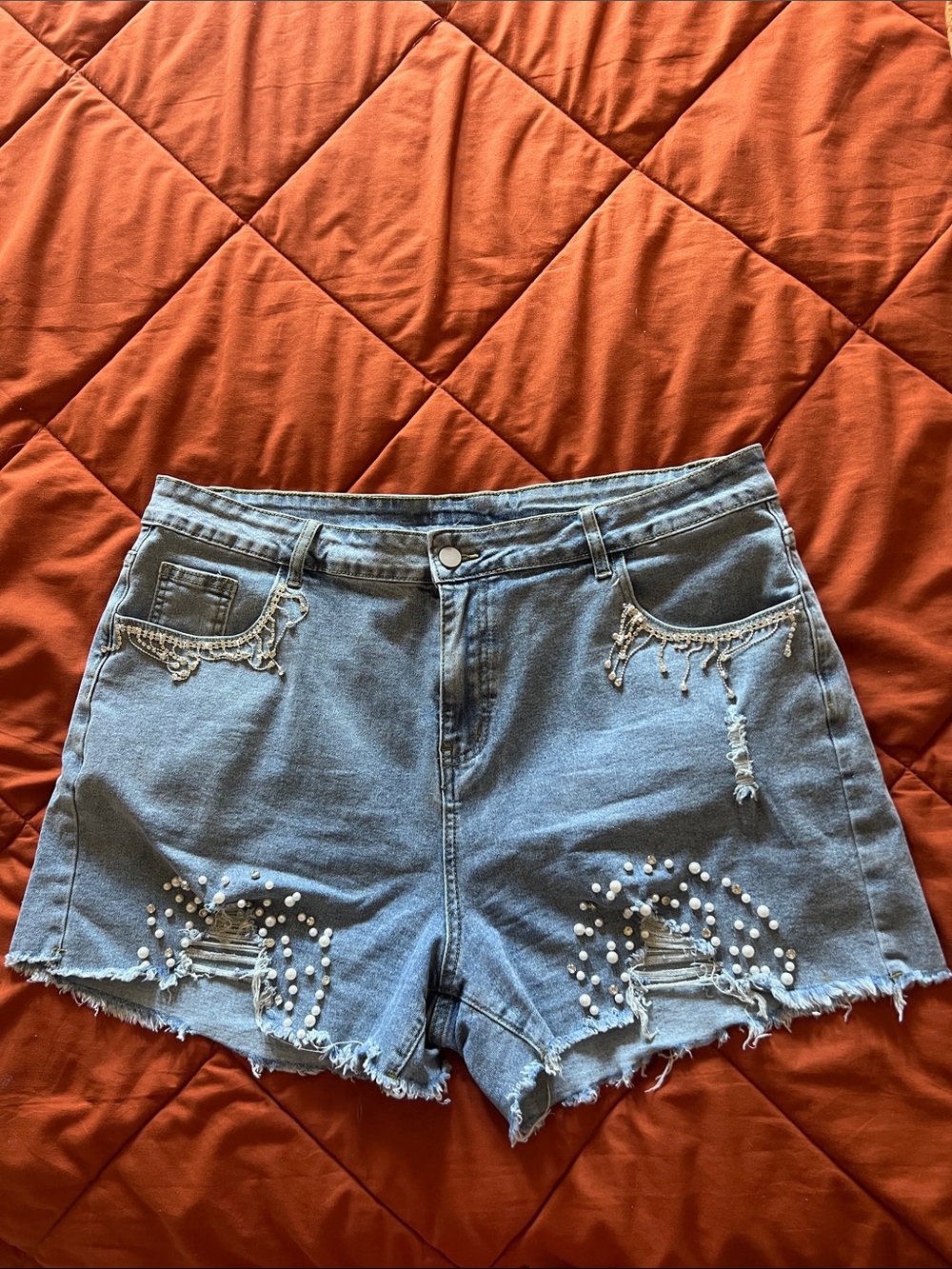 SHEIN Light Blue Distressed Denim Shorts with Pearl Trim